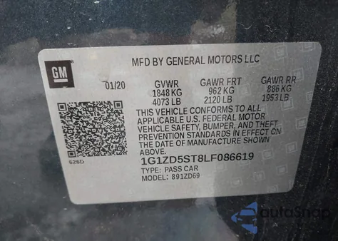 2020 Chevrolet Malibu Fwd Lt z USA, uszkodzony, nr VIN 1G1ZD5ST8LF086619